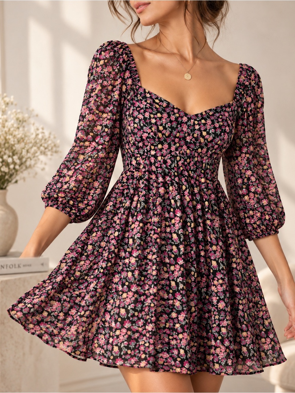 WAYF Black Floral Puff Sleeve Sweetheart Mini Dress Size S